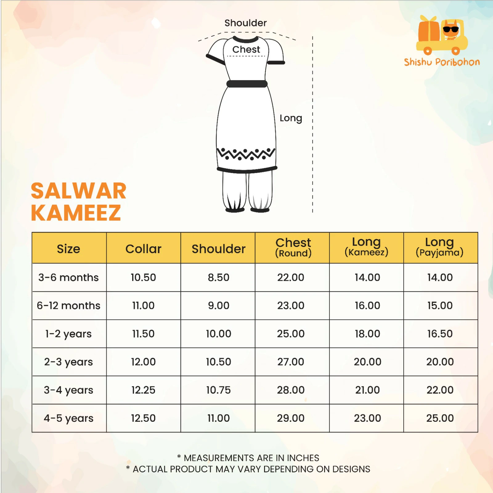 Salwar kamiz size chart